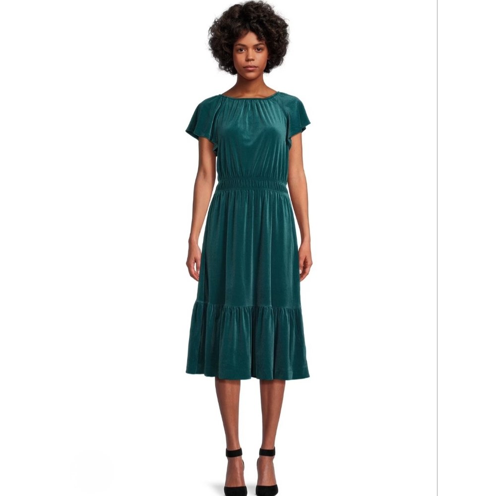 Elegant Midi Velour Green Ruffled Dress
